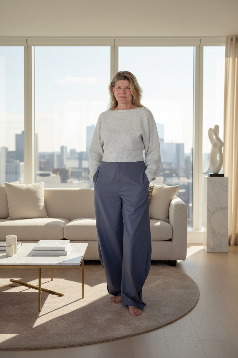 A woman stands barefoot in a modern living room, wearing a light gray knit sweater and loose, wide-leg blue-gray trousers. Large windows behind her show a city skyline, with a beige sofa, coffee table, and round rug in the foreground.