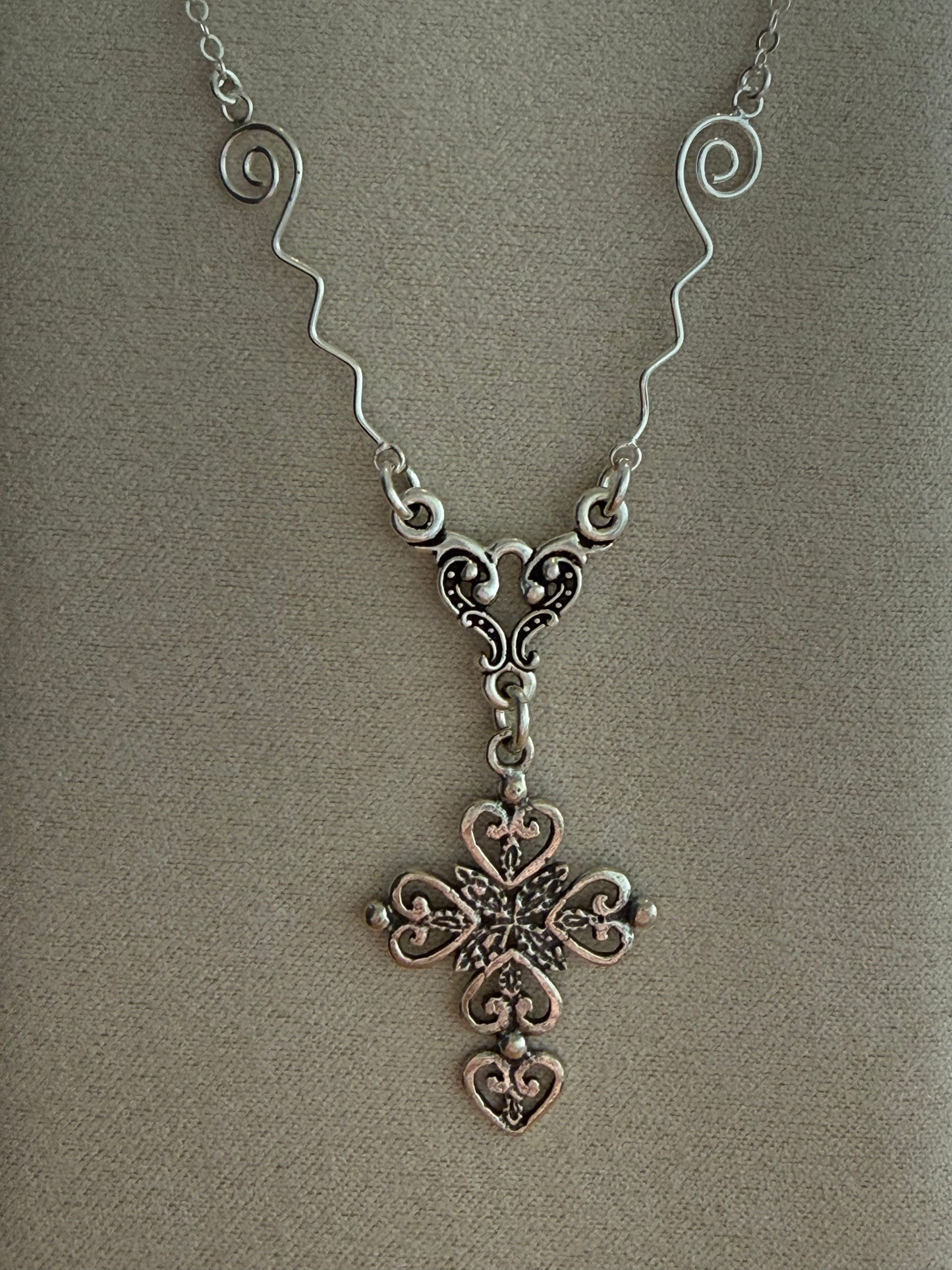 Cross Heart and Spiral Sterling Silver Necklace