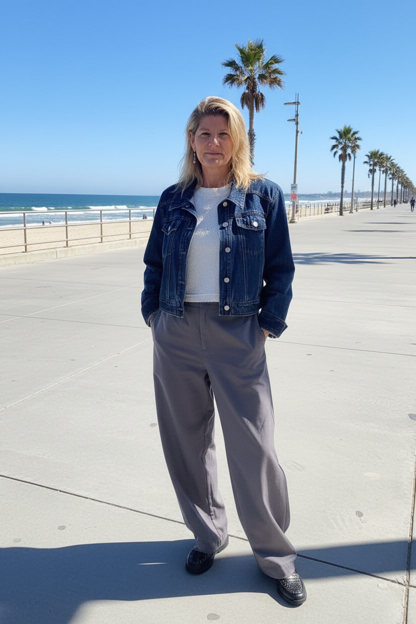 A woman stands on a sunny boardwalk by the beach wearing a dark blue denim jacket over a white top and loose gray pants.  Cheeky Goddess.