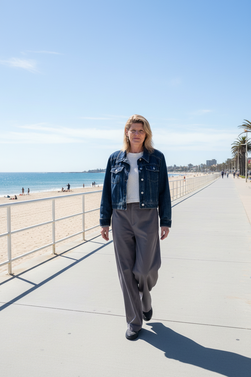 A woman walking on a sunny boardwalk next to a beach, wearing a dark blue denim jacket over a white top and loose gray pants. Cheeky Goddess.