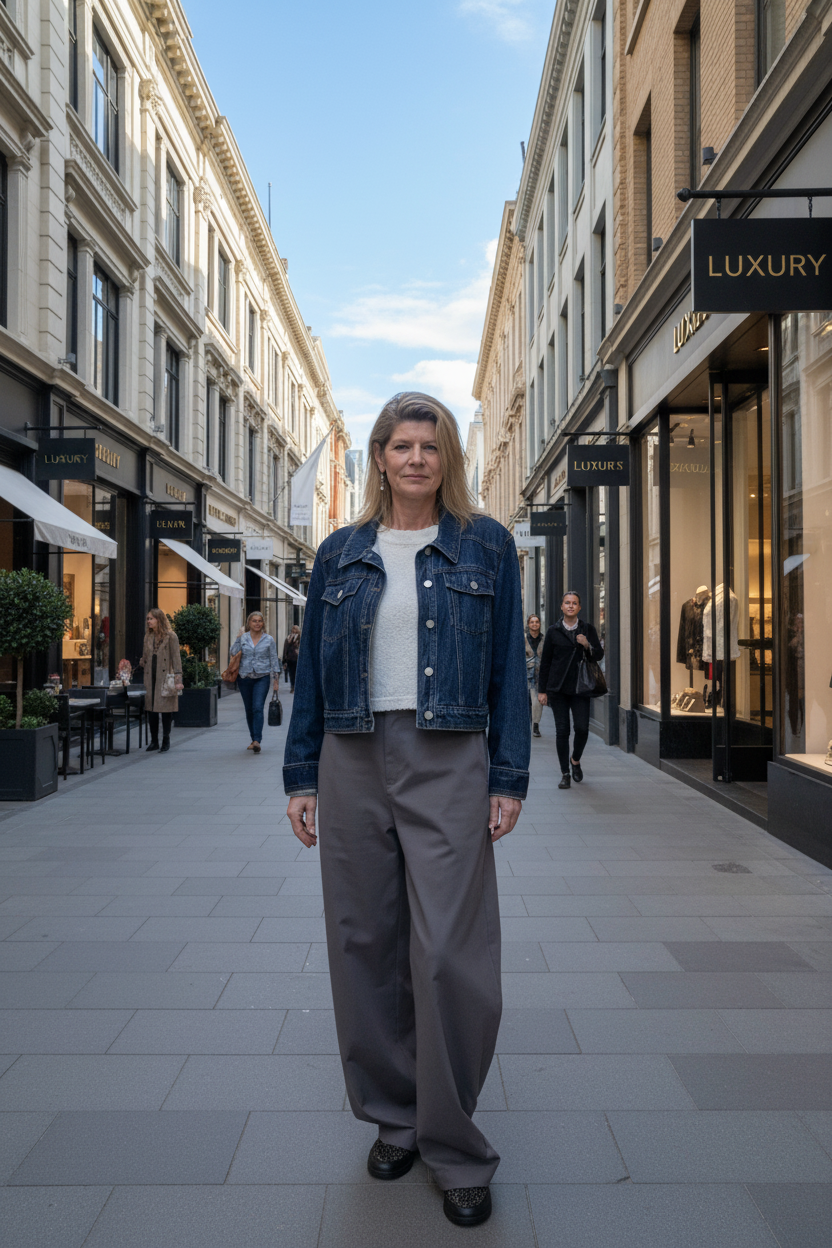 A woman stands on a city shopping street wearing a dark blue denim jacket over a white top and loose gray trousers. Storefronts line both sides of the walkway under a blue sky. Cheeky Goddess.