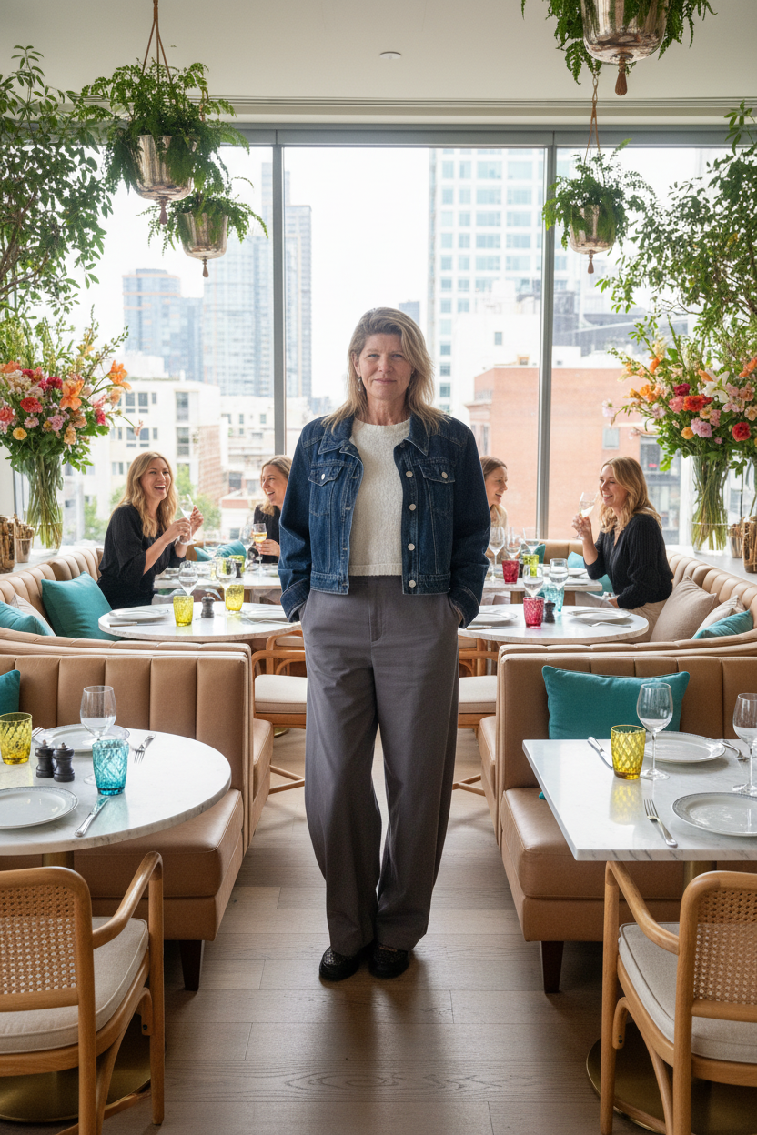 A woman stands in the center of a modern restaurant interior, wearing a dark blue denim jacket over a white top and gray wide-leg trousers. The setting features large windows with a city skyline, hanging green plants, and tables with teal pillows and floral arrangements. Cheeky Goddess.