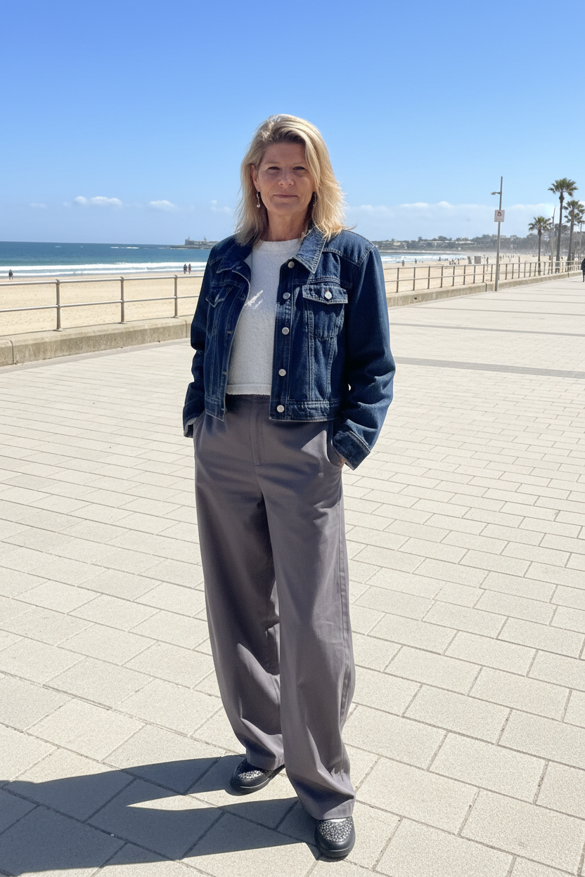 A woman stands on a sunny boardwalk by the beach wearing a dark blue denim jacket over a white top and gray wide-leg trousers. Cheeky Goddess.