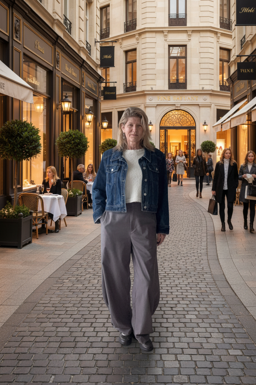 A woman stands on a cobblestone street wearing a dark blue denim jacket over a white top, paired with loose gray trousers and dark shoes. The background shows a European-style building with shops and other pedestrians.