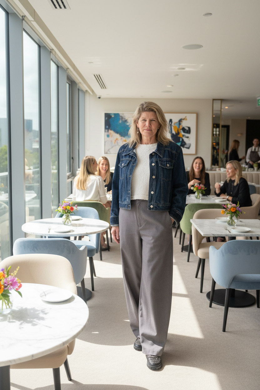 A woman stands in a modern cafe or restaurant interior wearing a dark blue denim jacket, a white top, and loose gray trousers. Other people and tables are visible in the background. Cheeky Goddess.