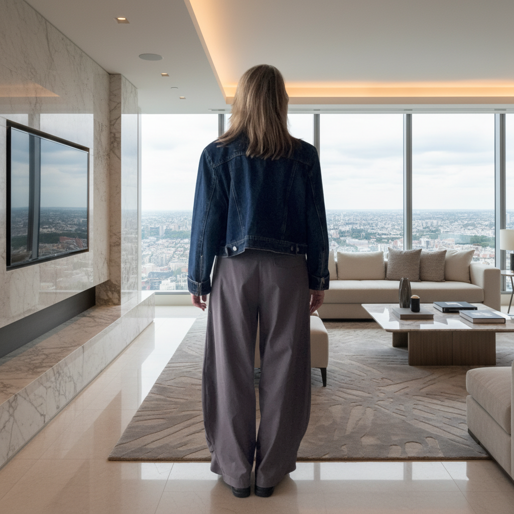 A woman stands with her back to the camera in a modern, high-rise apartment living room, wearing a dark blue denim jacket and wide-leg gray trousers. Large windows offer a panoramic view of the city skyline. Cheeky Goddess.