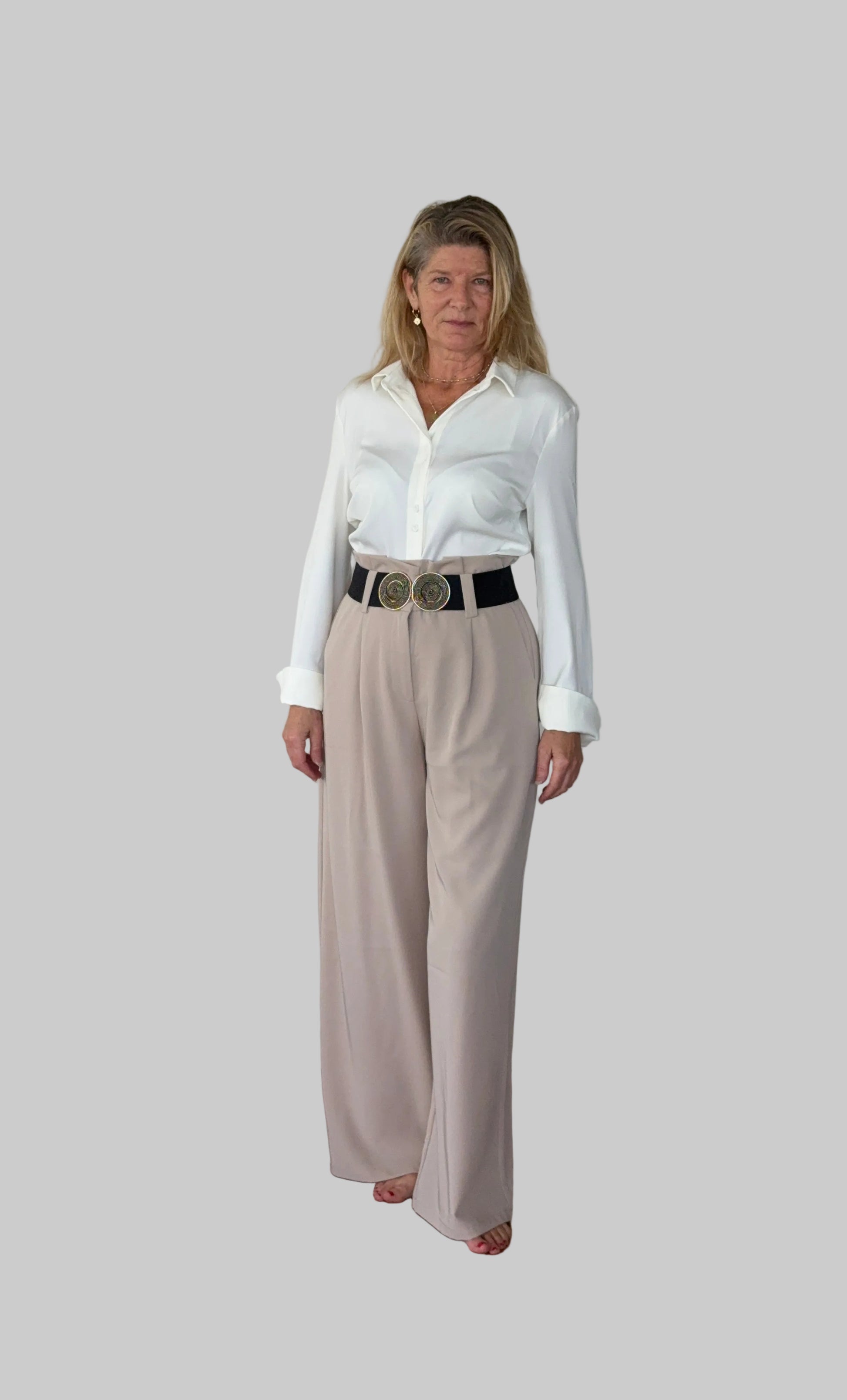 White long sleeve shirt women Australia - doesn't show sweat. Flare cuff, cinched waist. Tucked into brown pants with wide belt. Tested in real life. Cheeky Goddess.