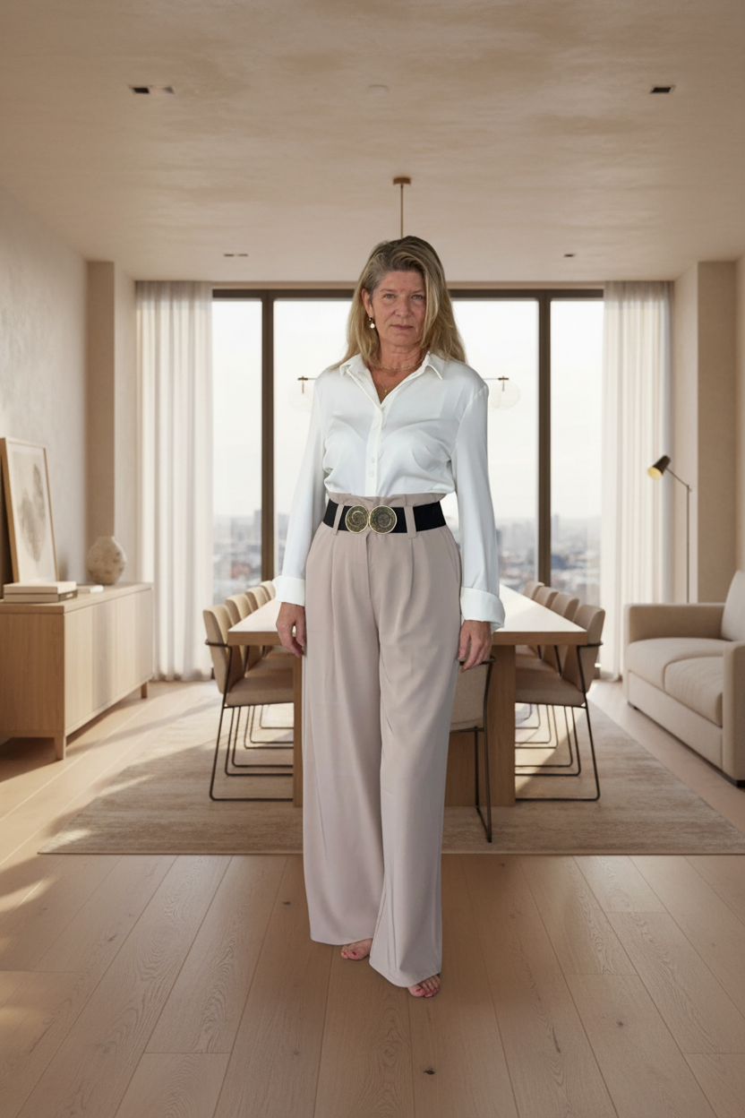 A woman stands in a modern, sunlit apartment interior wearing a white button-up shirt, light beige wide-leg trousers, and a black belt with a large round silver buckle.