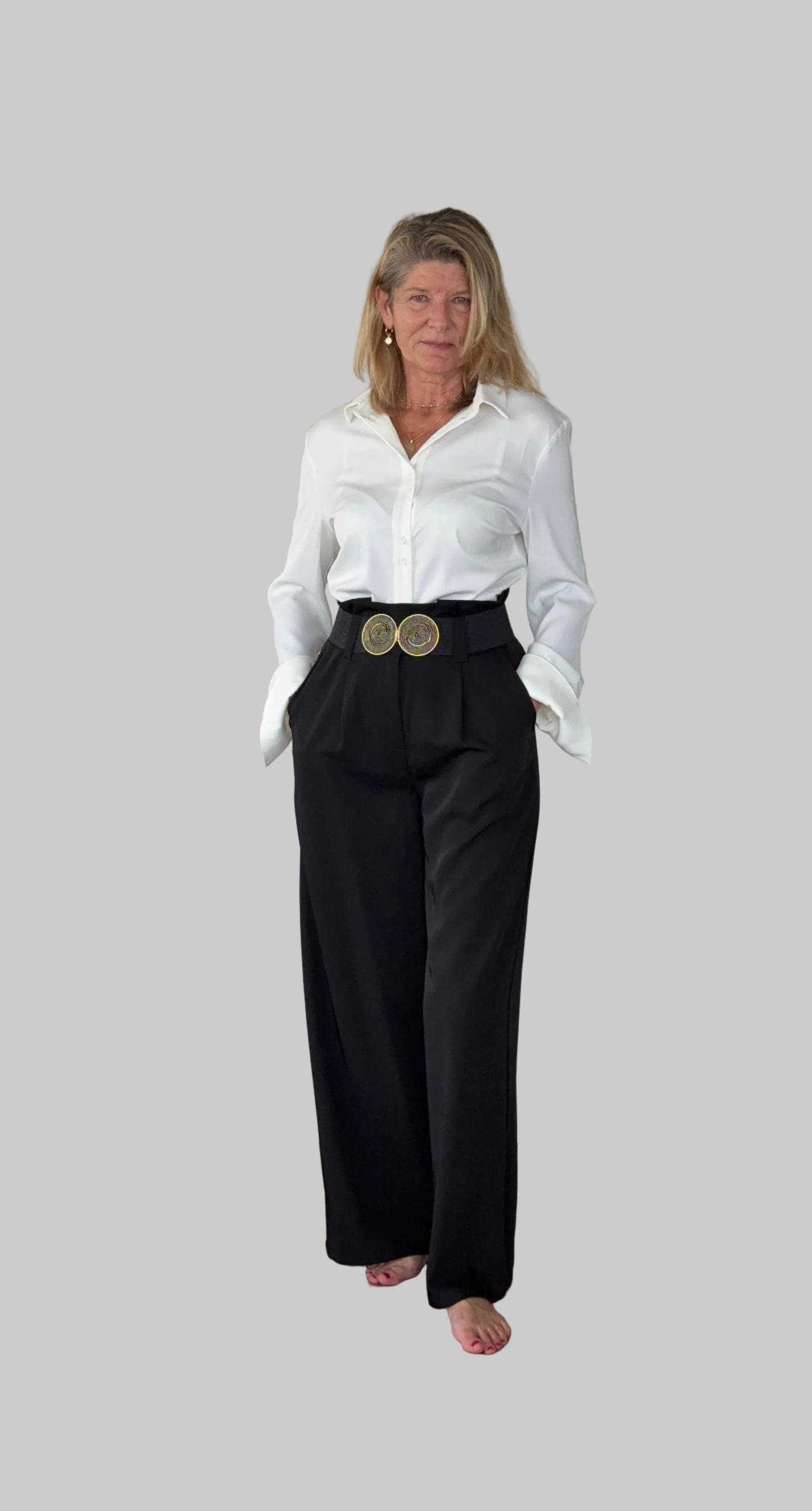 White long sleeve shirt women Australia - doesn't show sweat. Flare cuff, cinched waist. Tucked into black wide leg pants with wide belt. Tested in real life. Cheeky Goddess.