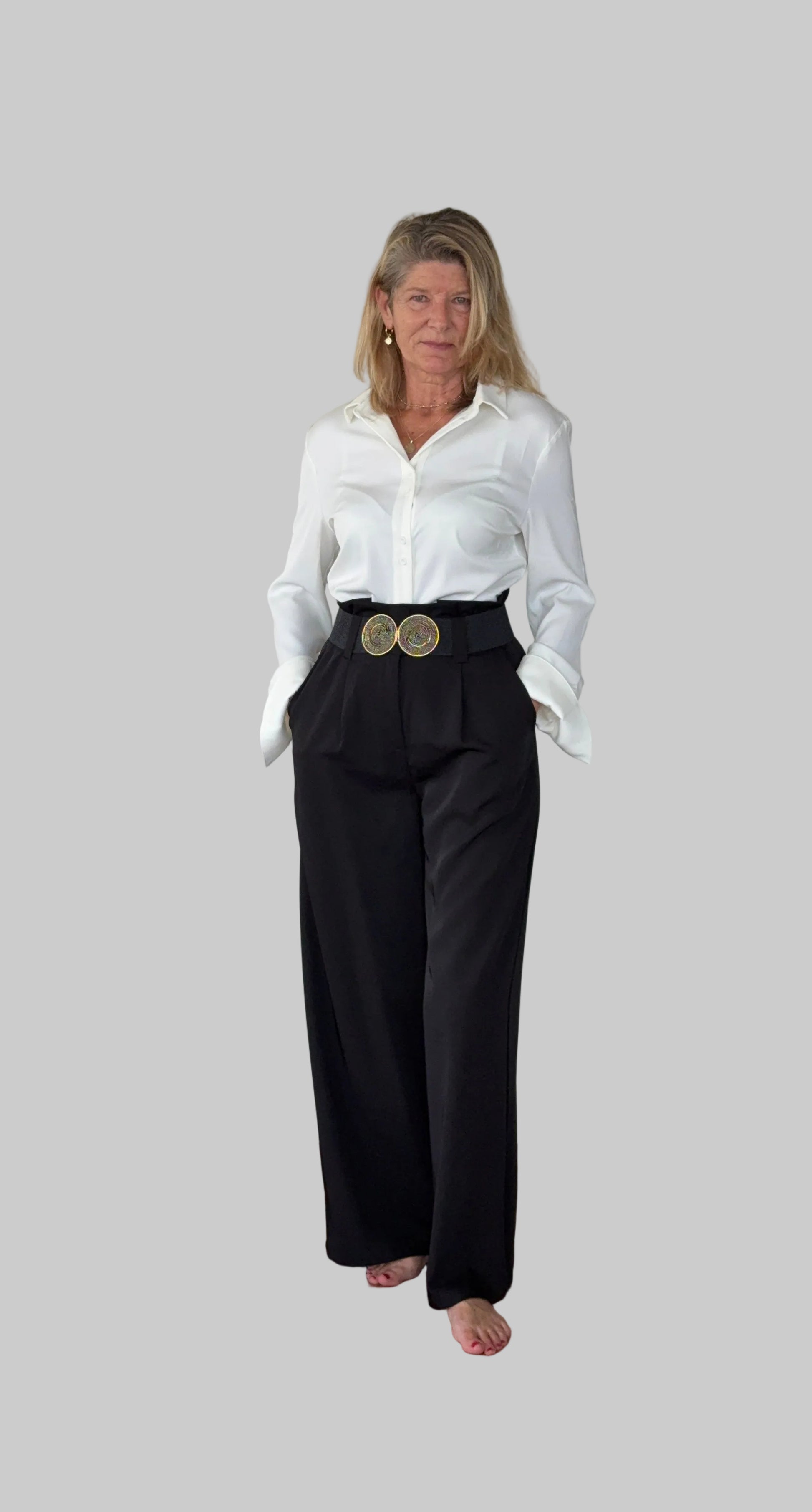 White long sleeve shirt women Australia - doesn't show sweat. Flare cuff, cinched waist. Tucked into black wide leg pants with wide belt. Tested in real life. Cheeky Goddess.