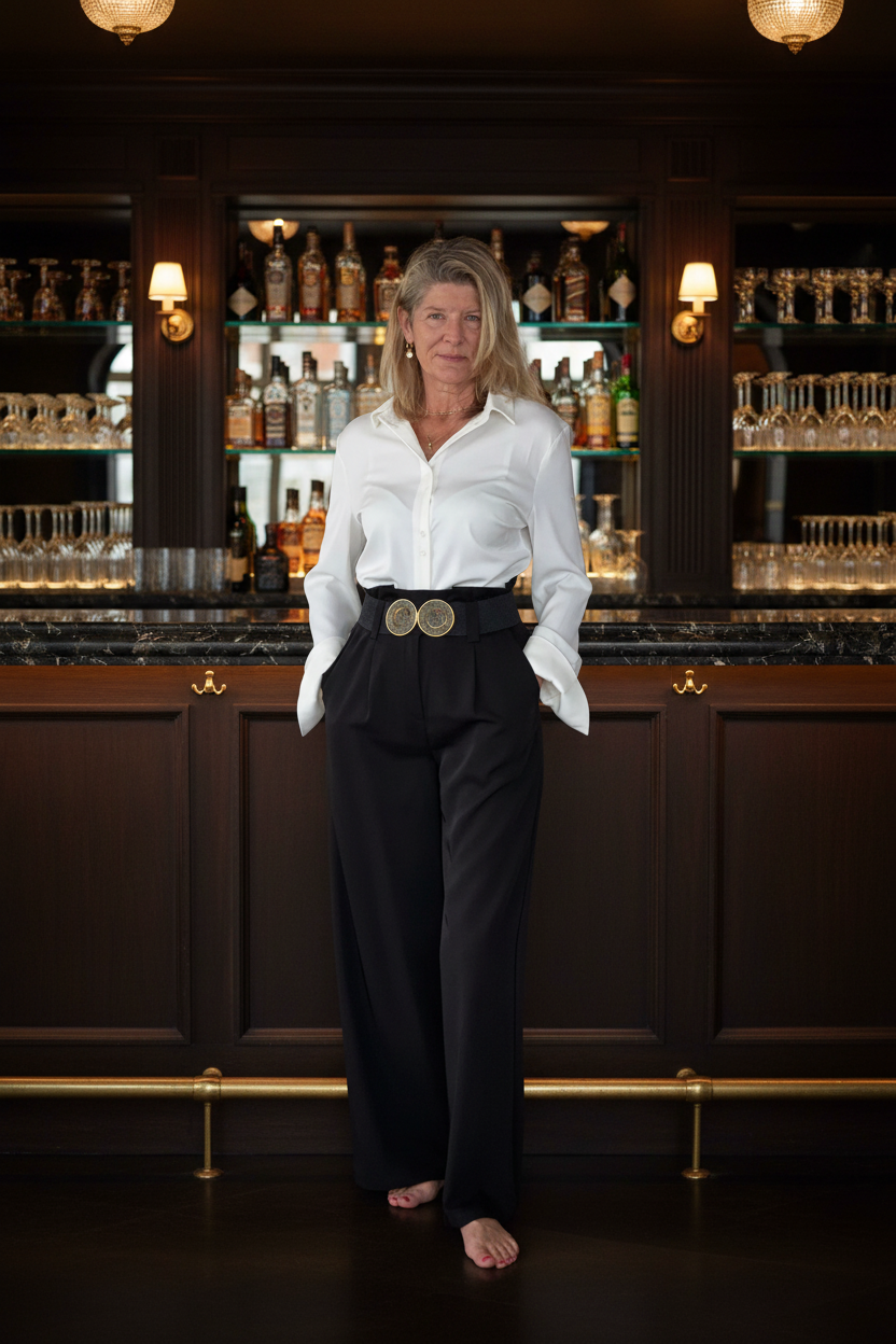 A woman stands barefoot in front of a dark wood bar, wearing a white button-down shirt tucked into high-waisted black wide-leg trousers with a wide double-buckle belt.