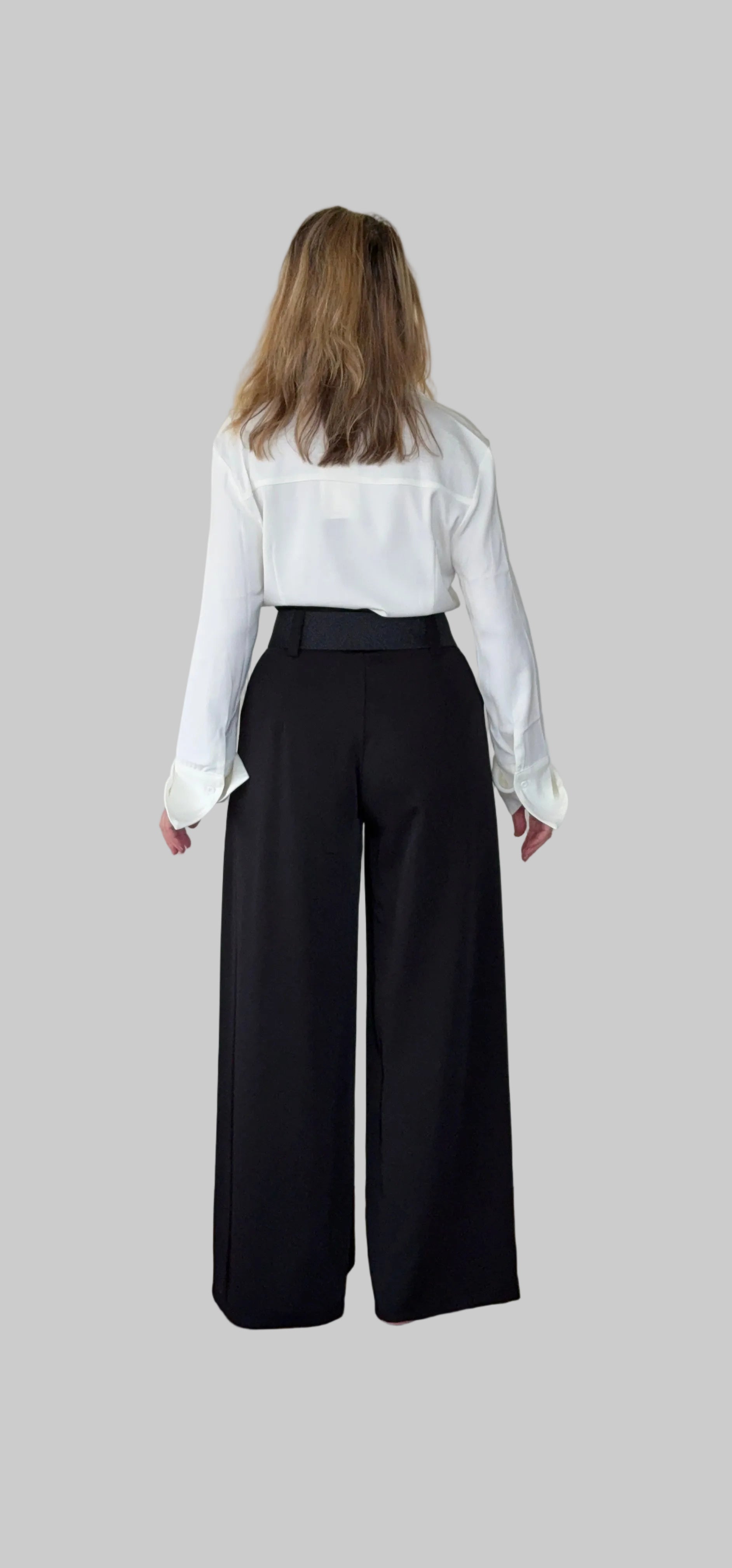 White long sleeve shirt women Australia - doesn't show sweat. Flare cuff, cinched waist. Tucked into black pants.  Back view. Tested in real life. Cheeky Goddess.