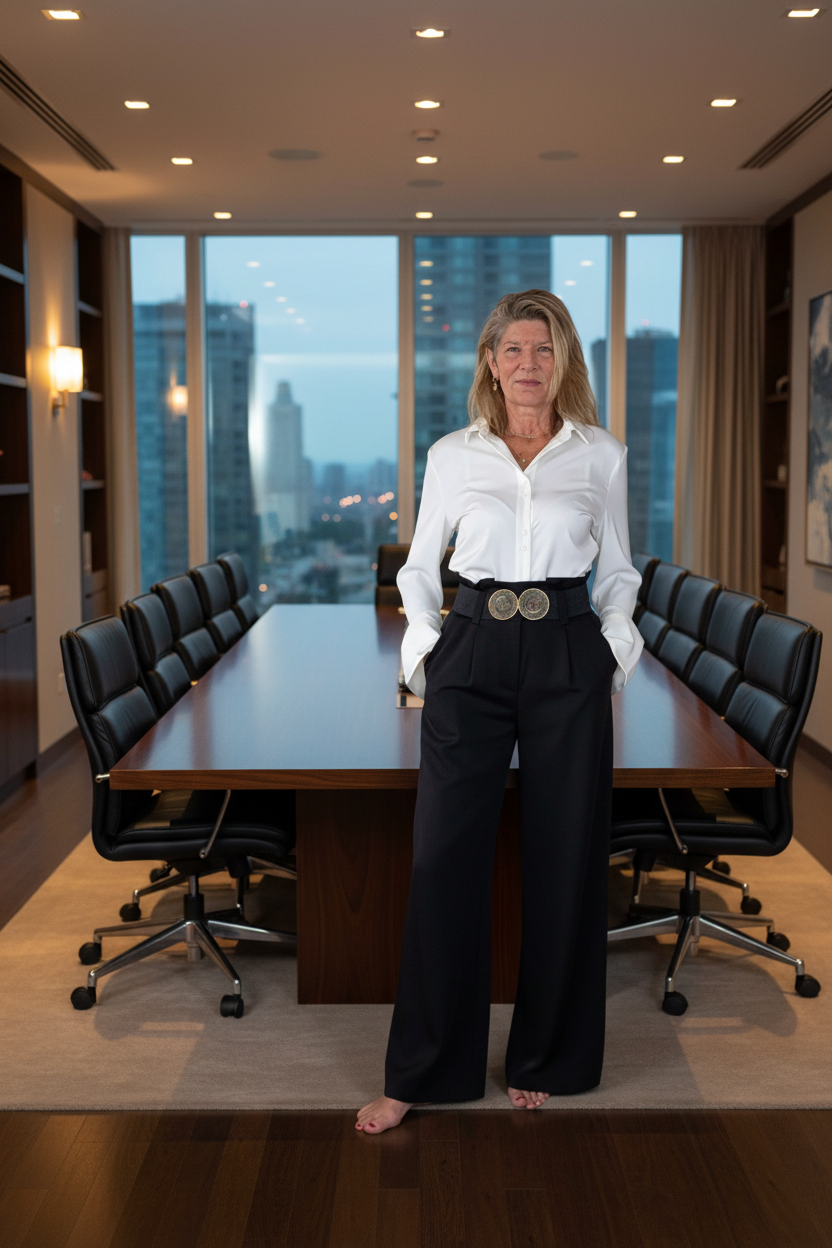 A woman stands barefoot in a modern conference room, wearing a white button-down shirt, black wide-leg trousers, and a distinctive double-ring belt. She is positioned in front of a large wooden meeting table and black office chairs, with a city skyline visible through the windows behind her.