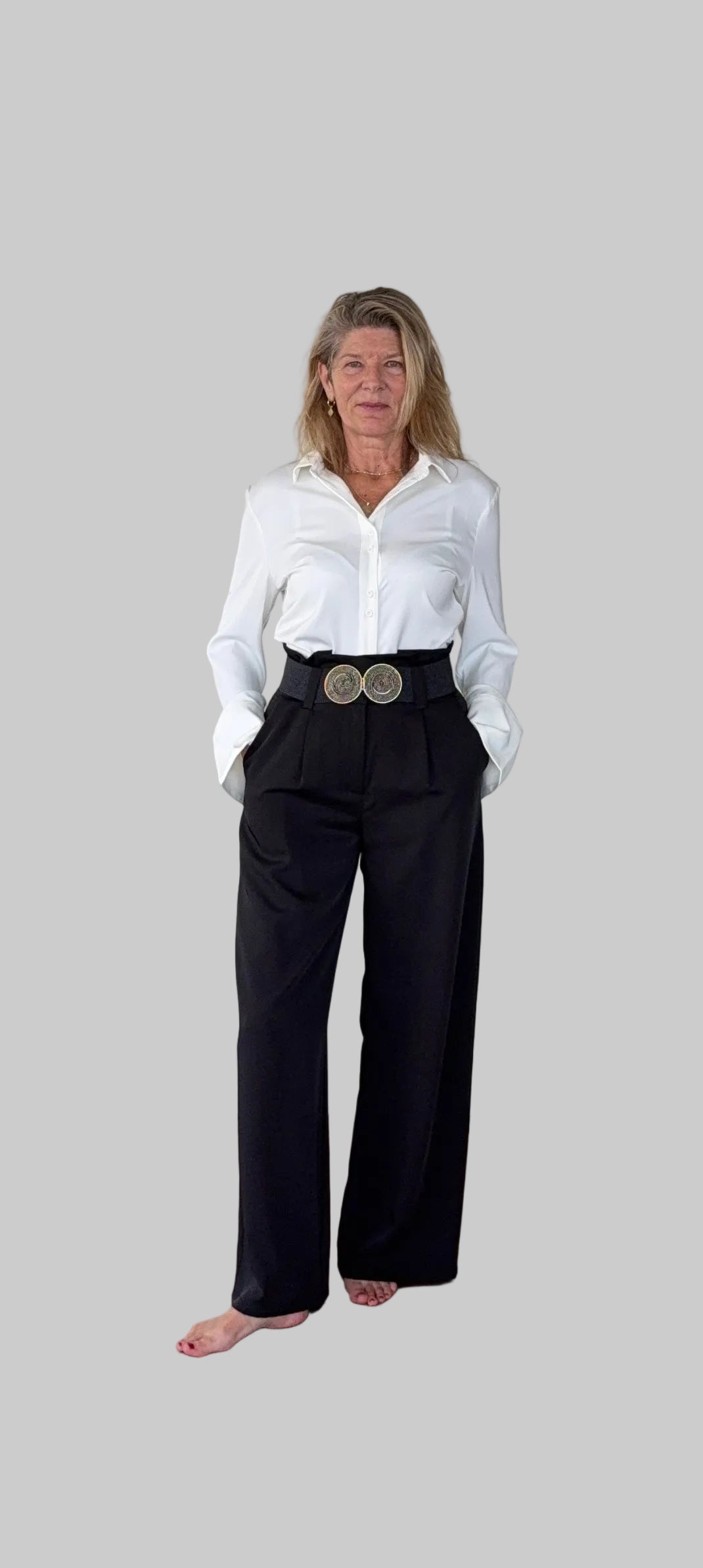 Black wide leg paper bag pants.  Wide belt.  White shirt tucked in. women Australia - Vida size 14 - Cheeky Goddess