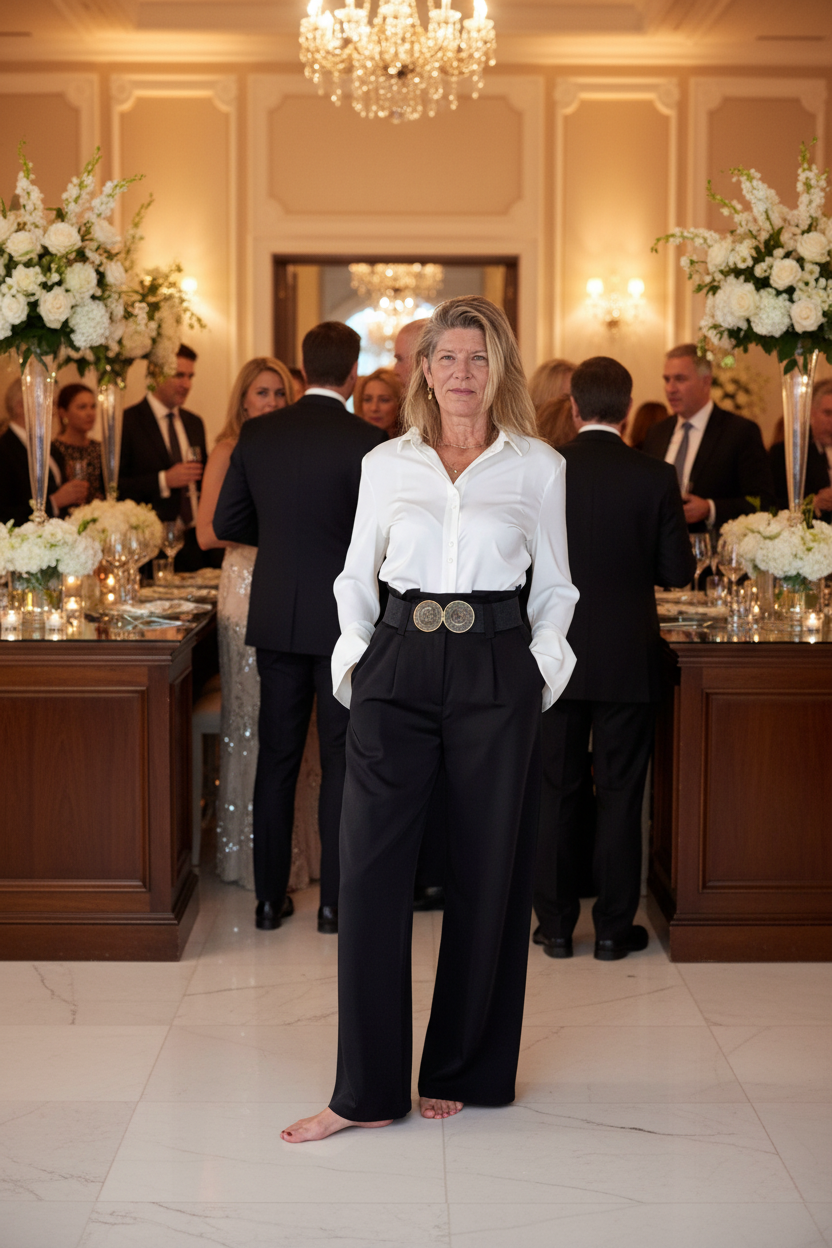 A woman stands barefoot in a grand event hall, wearing a white button-up shirt tucked into high-waisted black trousers with a wide silver belt, surrounded by guests and floral arrangements.