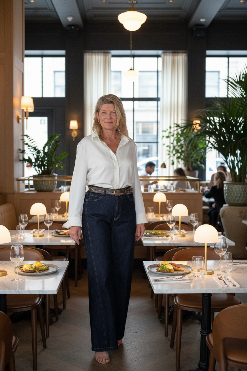 A woman walks down a restaurant aisle wearing a white button-down shirt and dark navy wide-leg jeans. Cheky Goddess