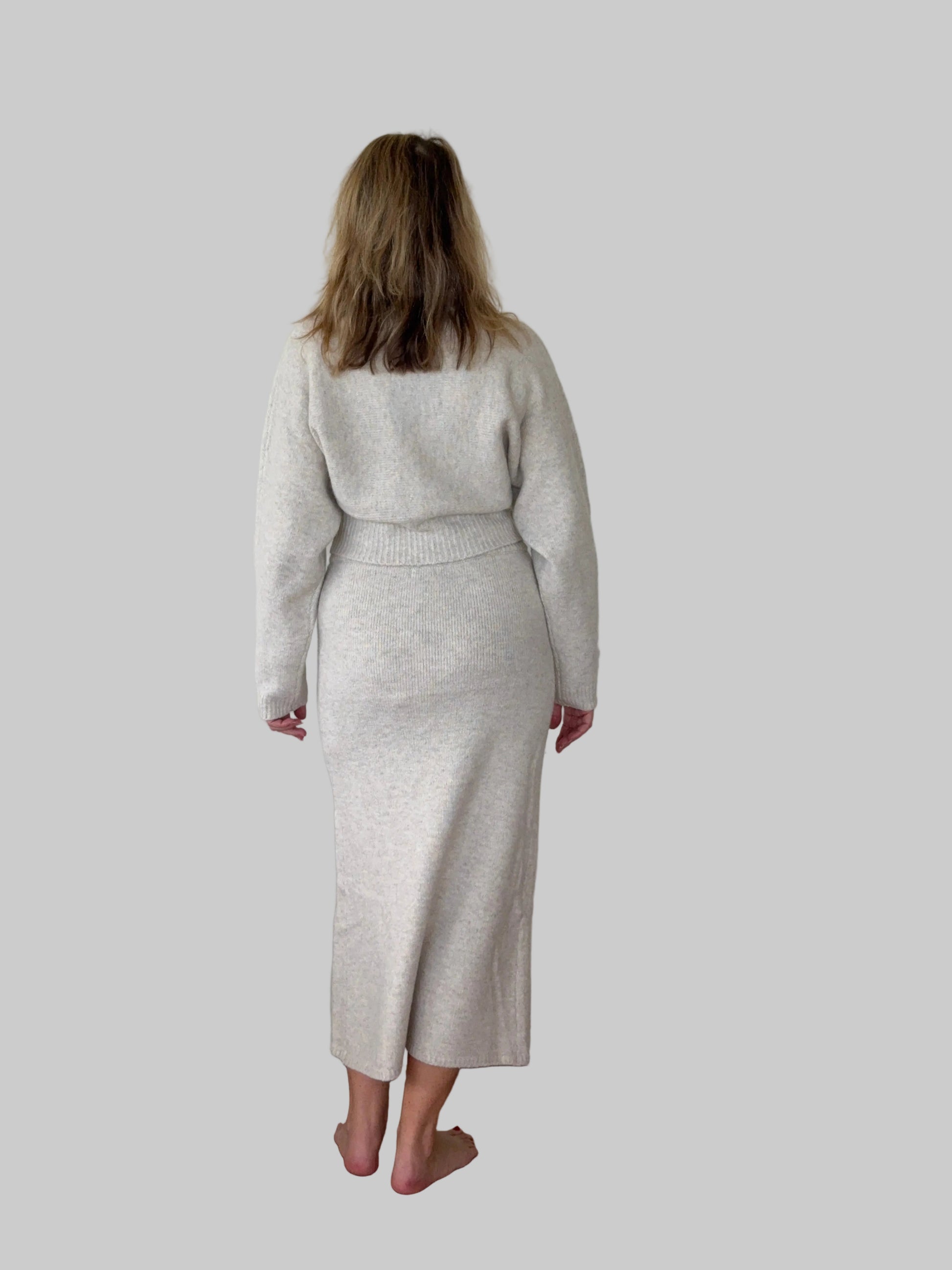 Soft knit cream midi skirt front split women Australia - back view - with soft knit long sleeved matching top  - Vida M/L - Cheeky Goddess