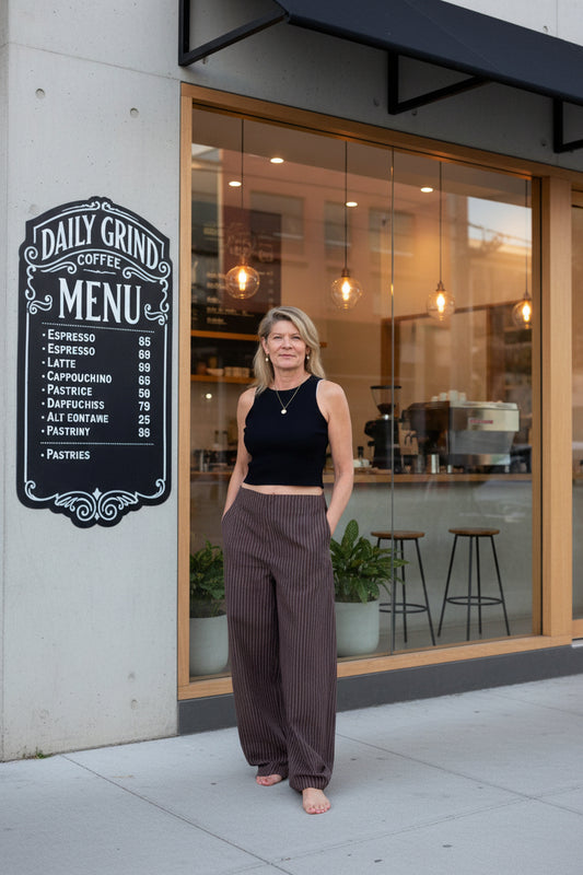 Brown linen barrel pants for women relaxed fit - with black knitted tank top - Vida size 14 - Cheeky Goddess Australia