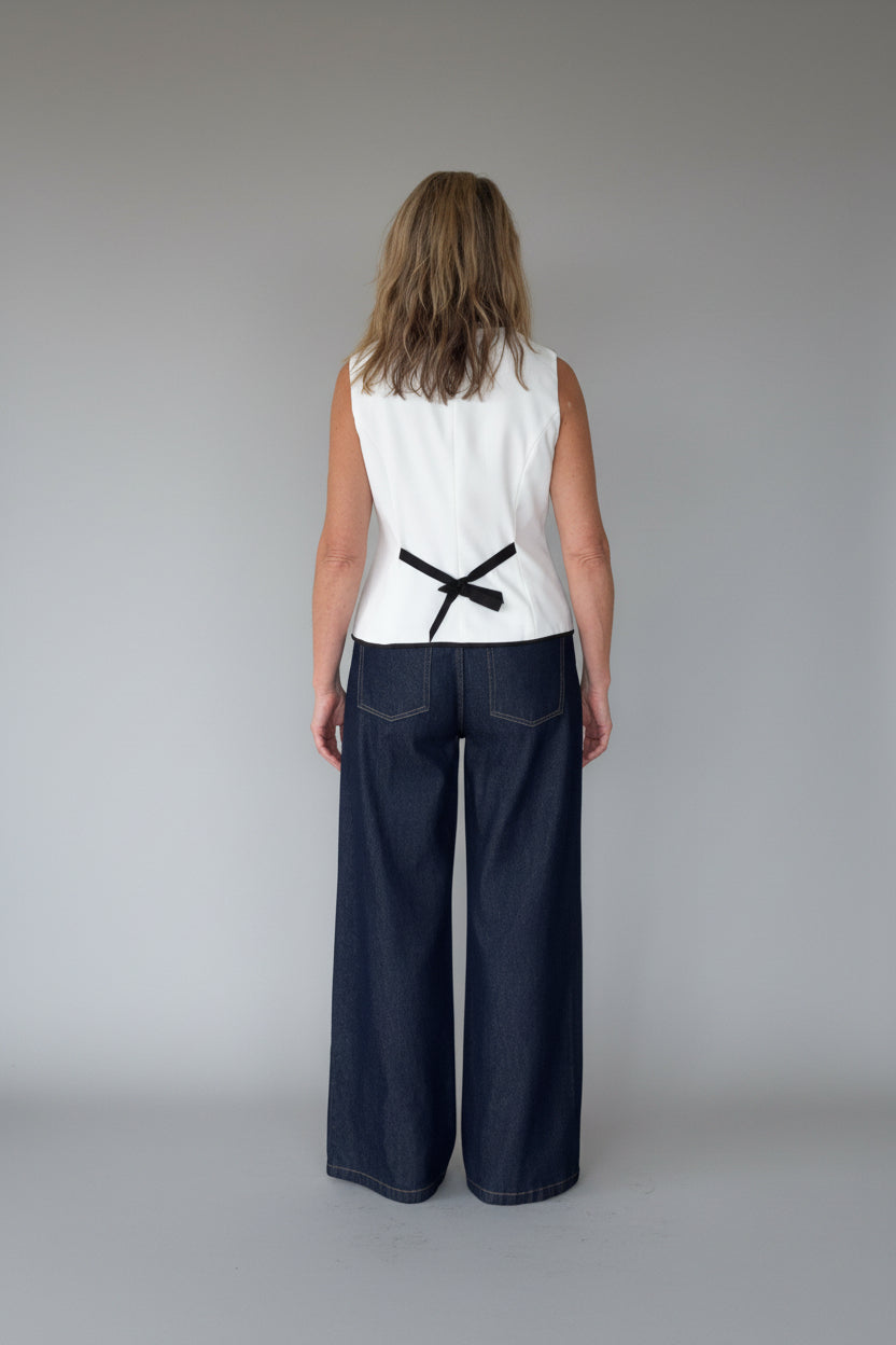 Black and white tailored vest for women doesn't show sweat - back view - Vida size 14 - Cheeky Goddess Australia