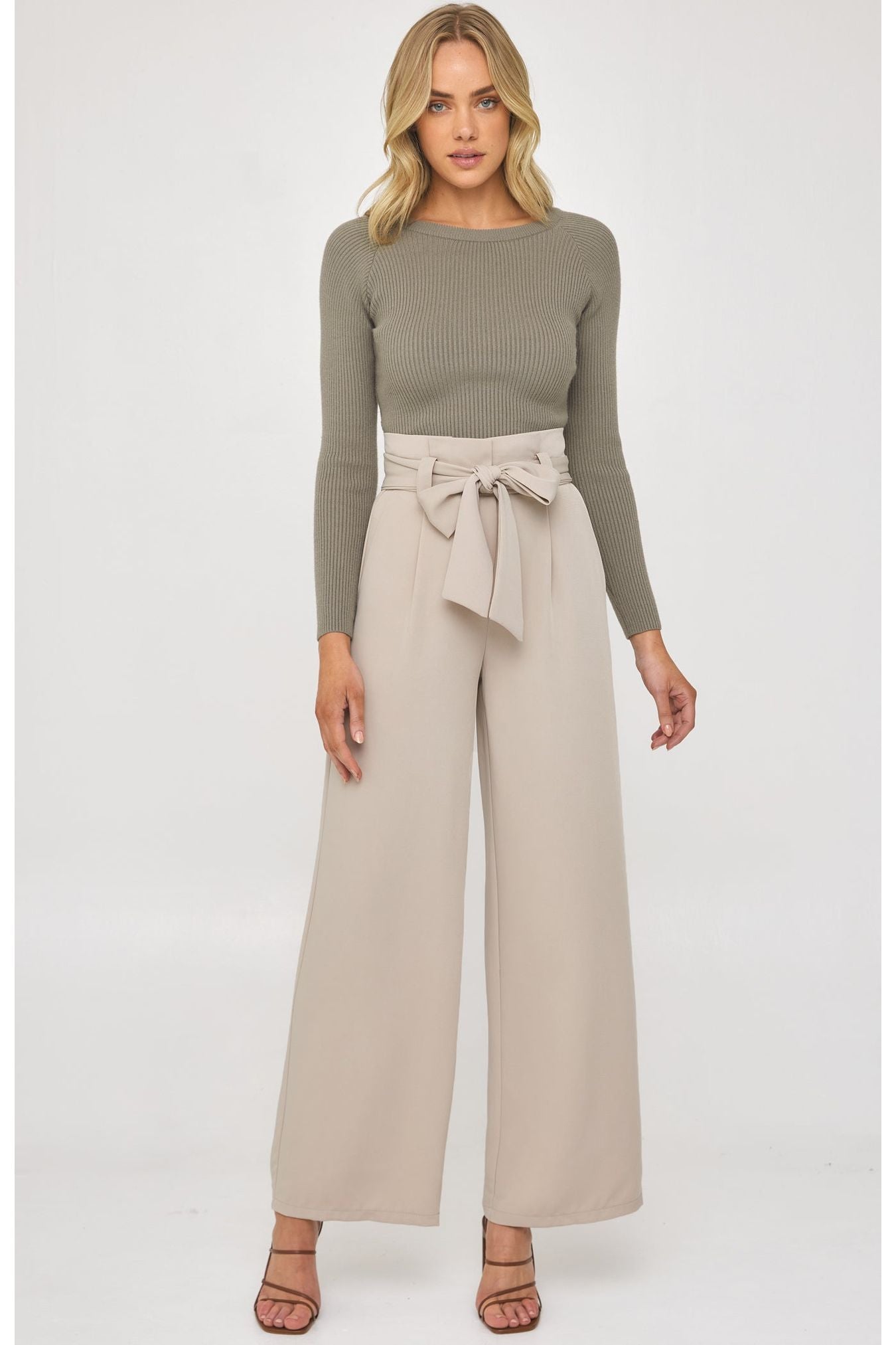 Paper Bag Waist Wide Leg Pants with Tie - Beige - Cheeky Goddess