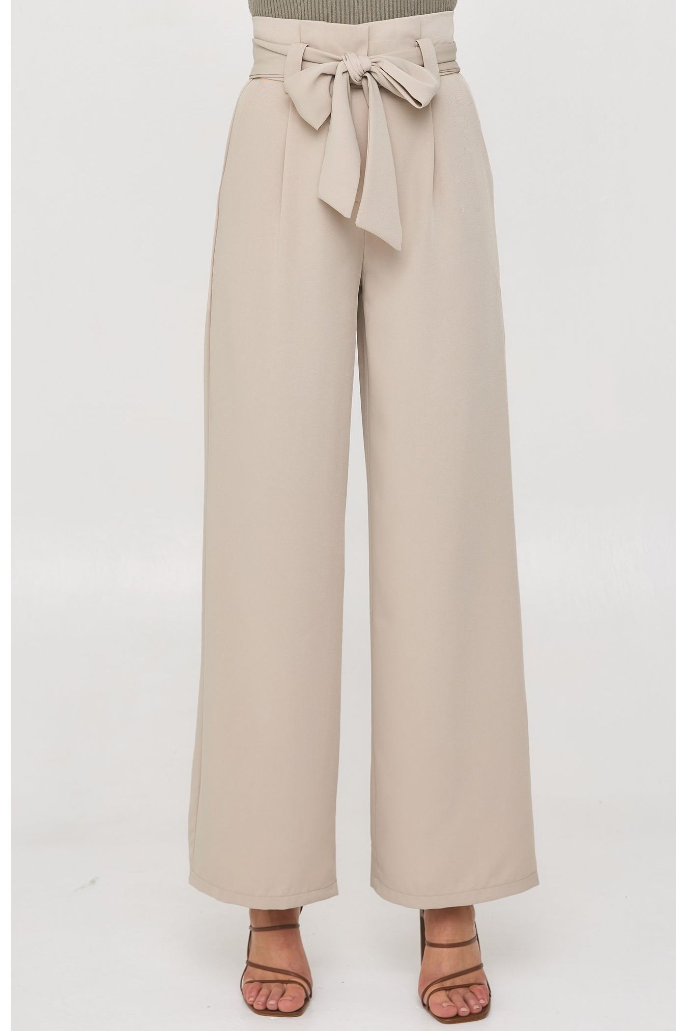 Paper Bag Waist Wide Leg Pants with Tie - Beige - Cheeky Goddess