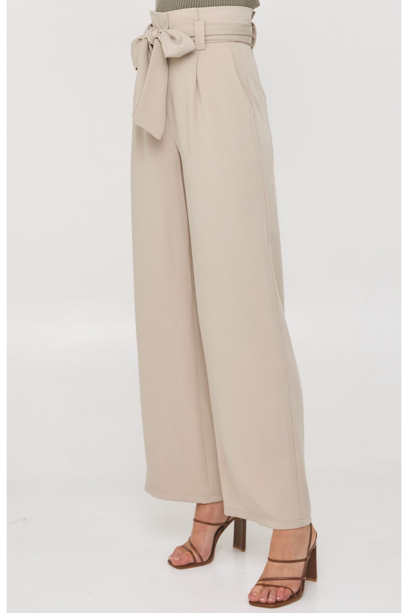 Paper Bag Waist Wide Leg Pants with Tie - Beige - Cheeky Goddess