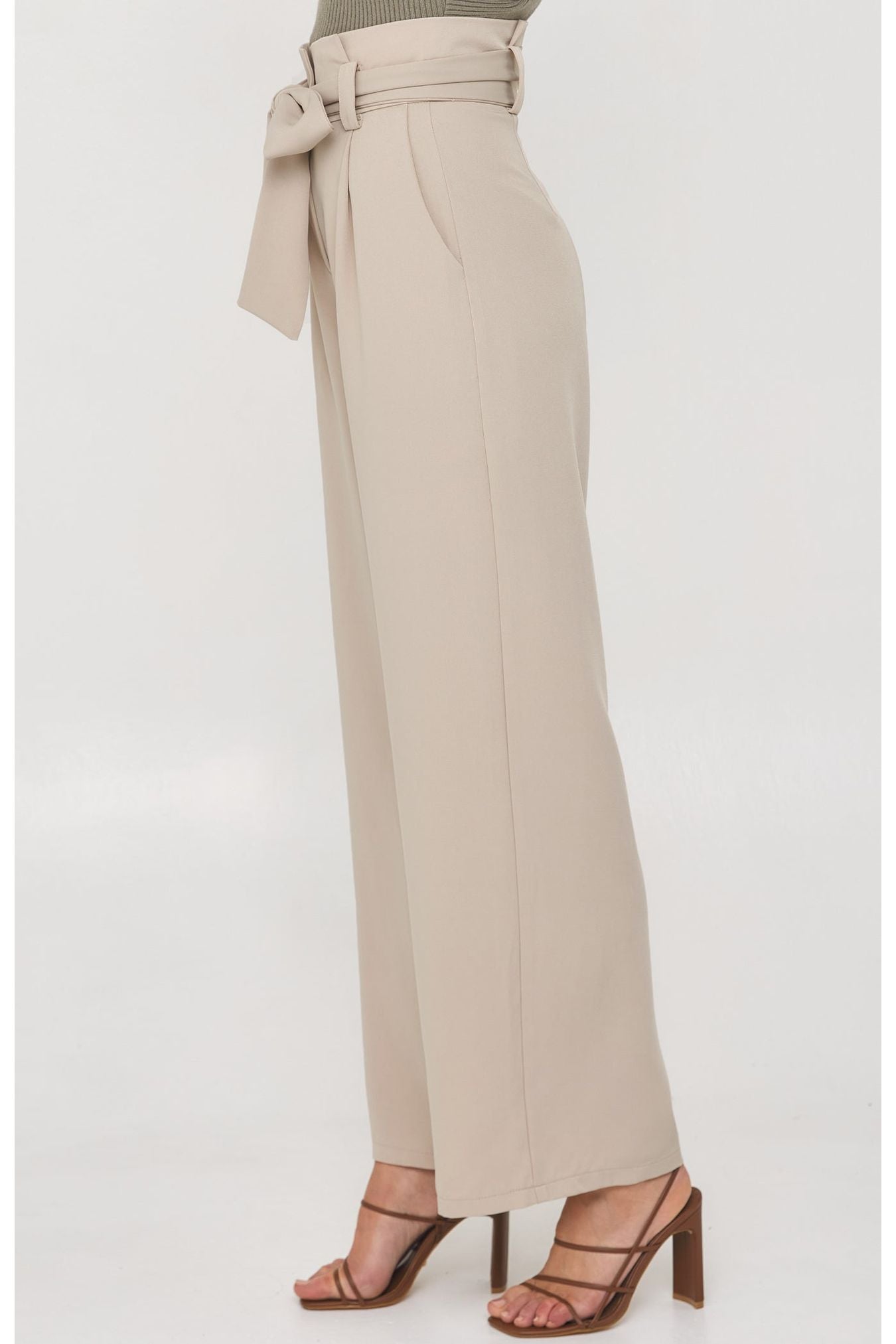 Paper Bag Waist Wide Leg Pants with Tie - Beige - Cheeky Goddess