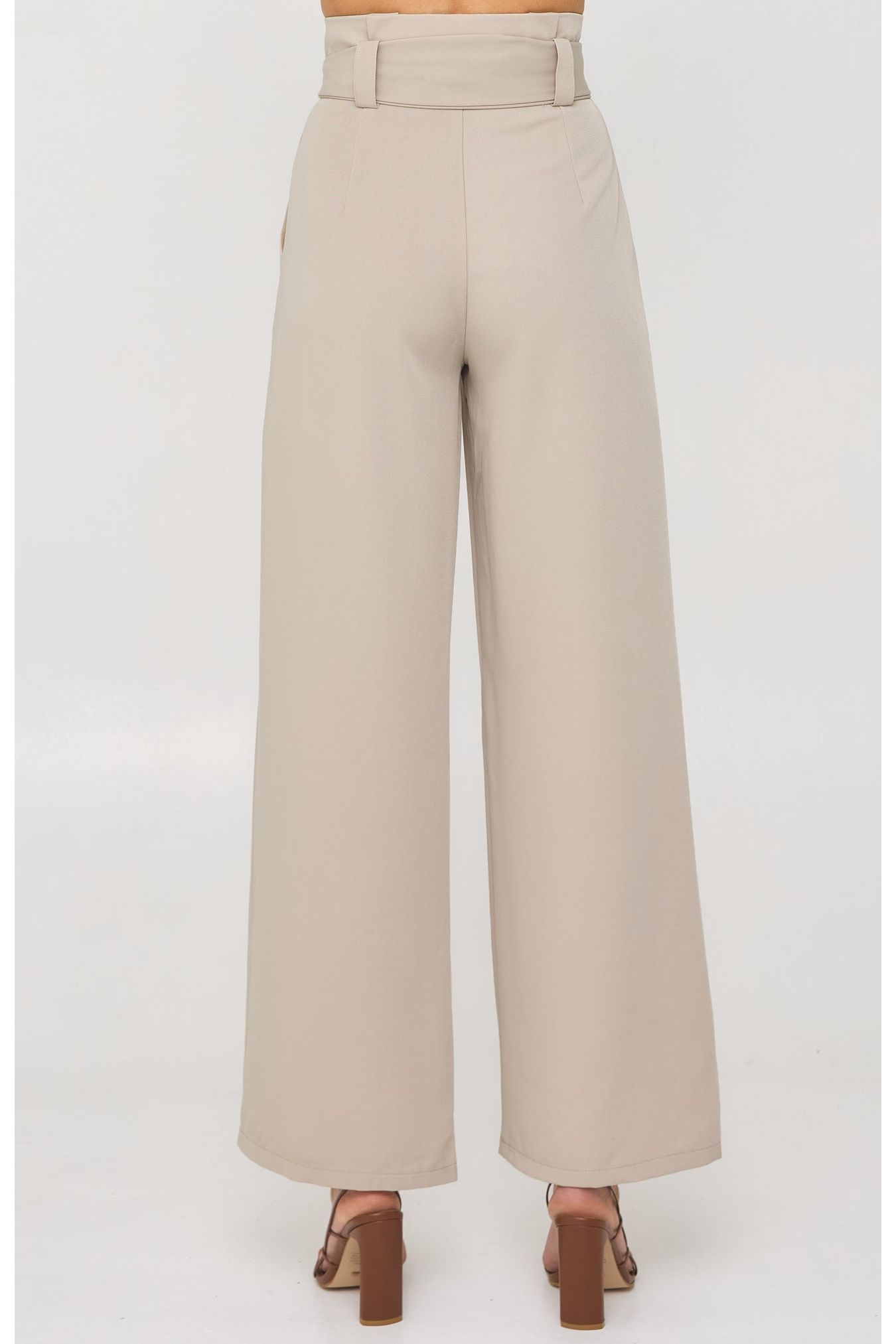 Paper Bag Waist Wide Leg Pants with Tie - Beige - Cheeky Goddess