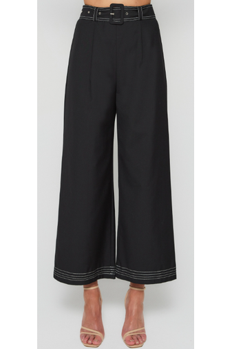 Contrast Stitching Wide Leg Pants with Belt Buckle - Black - Cheeky Goddess