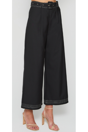 Contrast Stitching Wide Leg Pants with Belt Buckle - Black - Cheeky Goddess