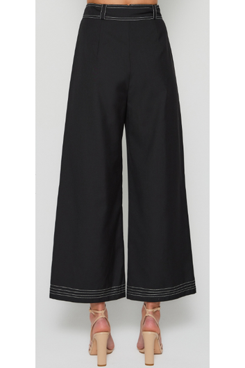 Contrast Stitching Wide Leg Pants with Belt Buckle - Black - Cheeky Goddess