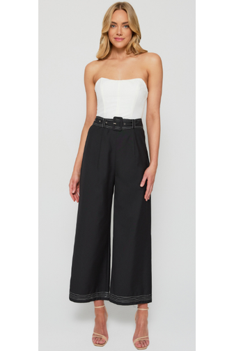 Contrast Stitching Wide Leg Pants with Belt Buckle - Black - Cheeky Goddess