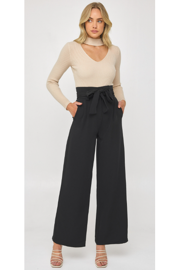 Paper Bag Waist Wide Leg Pants with Tie - Black - Cheeky Goddess