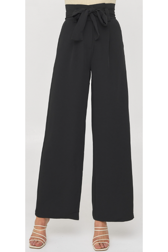 Paper Bag Waist Wide Leg Pants with Tie - Black - Cheeky Goddess