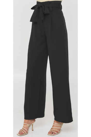 Paper Bag Waist Wide Leg Pants with Tie - Black - Cheeky Goddess