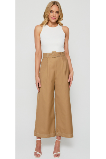 Contrast Stitching Wide Leg Pants with Belt Buckle - Mocha - Cheeky Goddess