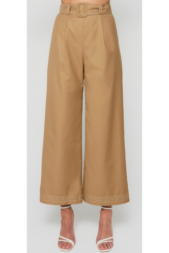 Contrast Stitching Wide Leg Pants with Belt Buckle - Mocha - Cheeky Goddess