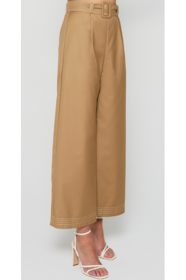 Contrast Stitching Wide Leg Pants with Belt Buckle - Mocha - Cheeky Goddess