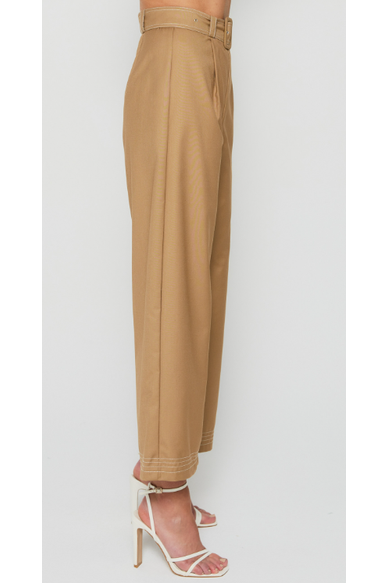 Contrast Stitching Wide Leg Pants with Belt Buckle - Mocha - Cheeky Goddess