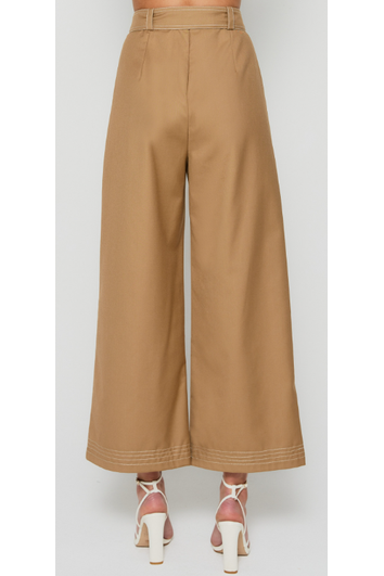 Contrast Stitching Wide Leg Pants with Belt Buckle - Mocha - Cheeky Goddess