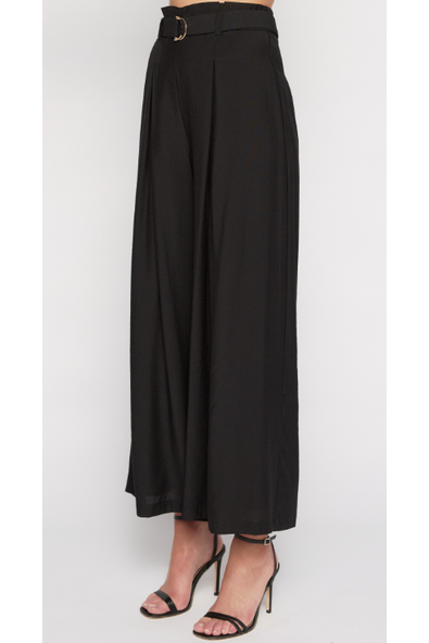 Paperbag Pleated Pants with D Ring Buckle - Black - Cheeky Goddess