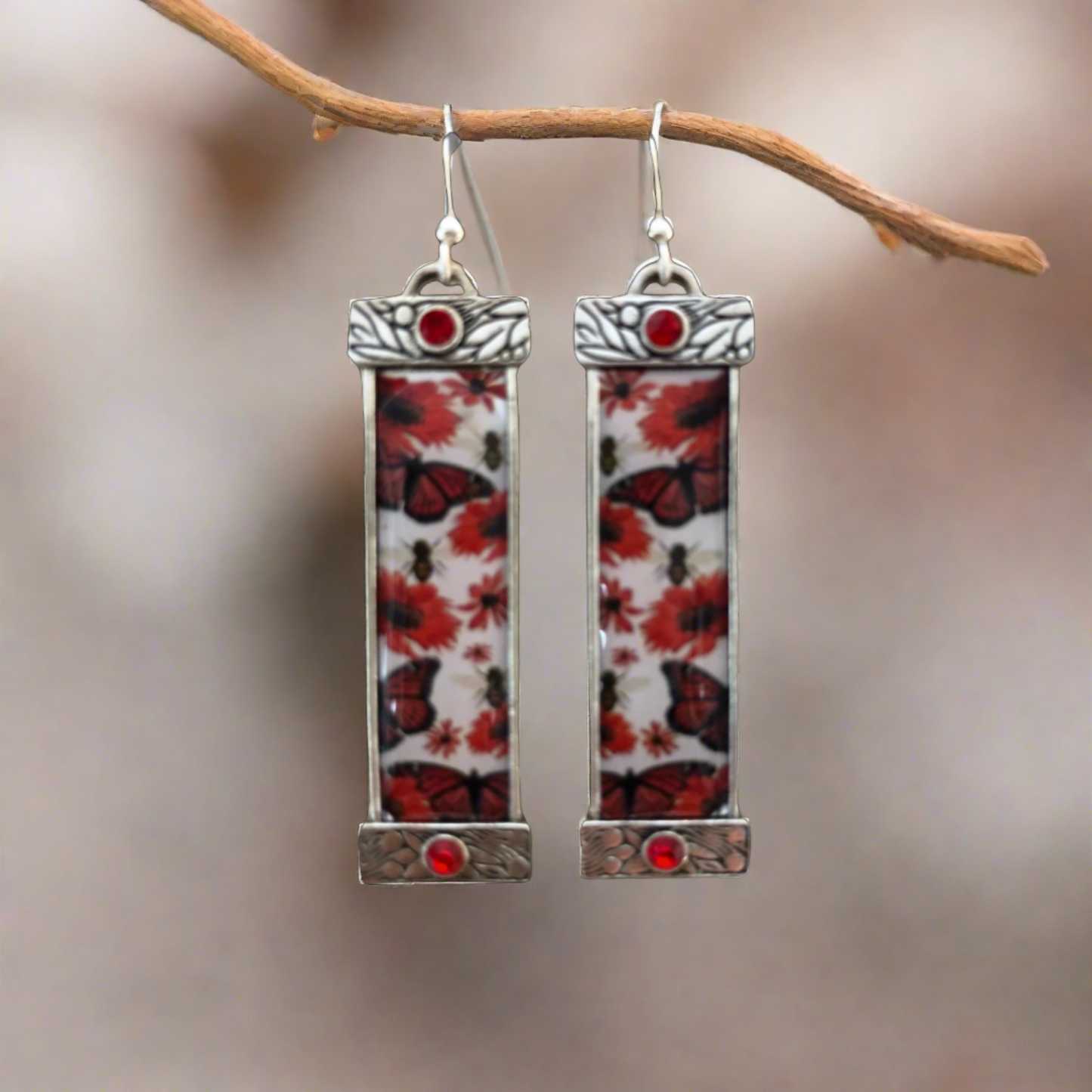 Red Enamel Butterfly Earrings with Sterling Silver Fish Hook Earwires - Cheeky Goddess Jewellery