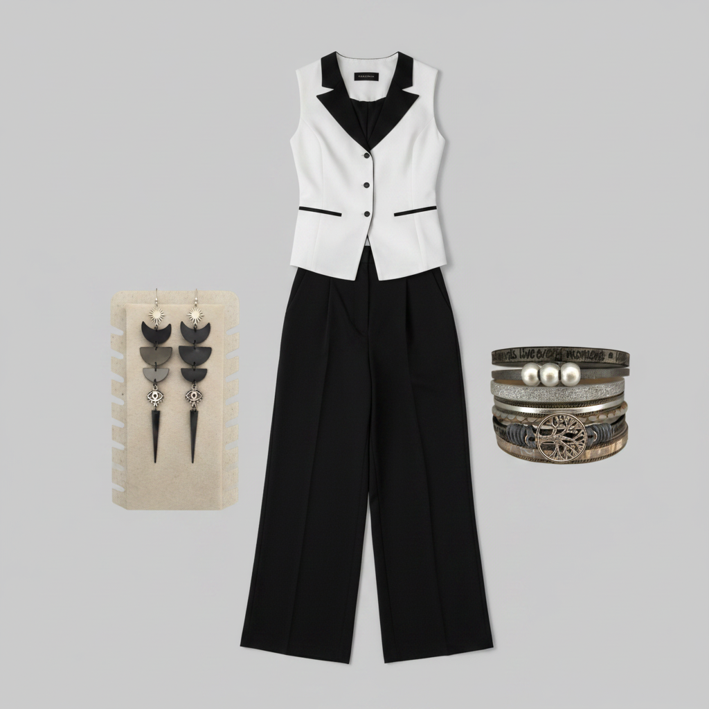 The Monochrome Magic Set - black and white tailored vest, wide leg pants, celestial earrings and Tree of Life bracelet bundle