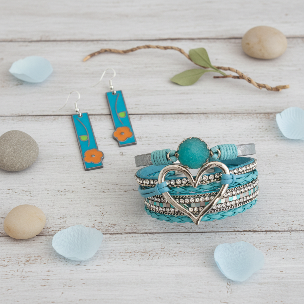 Teal enamel flower earrings and light blue magnetic heart bracelet styled together as a jewellery bundle
