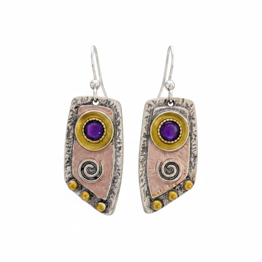 on a white background. Swirl Earrings with accents of purple, pink and gold on a silver colored metal background.  Fish hook earwires are 925 Sterling Silver.  Length from top of earwire 40mm x width 15mm. Swirl Earrings with Accents of Purple, Pink and Gold on Silver Background - Cheeky Goddess

Regular price$25.00 AUD