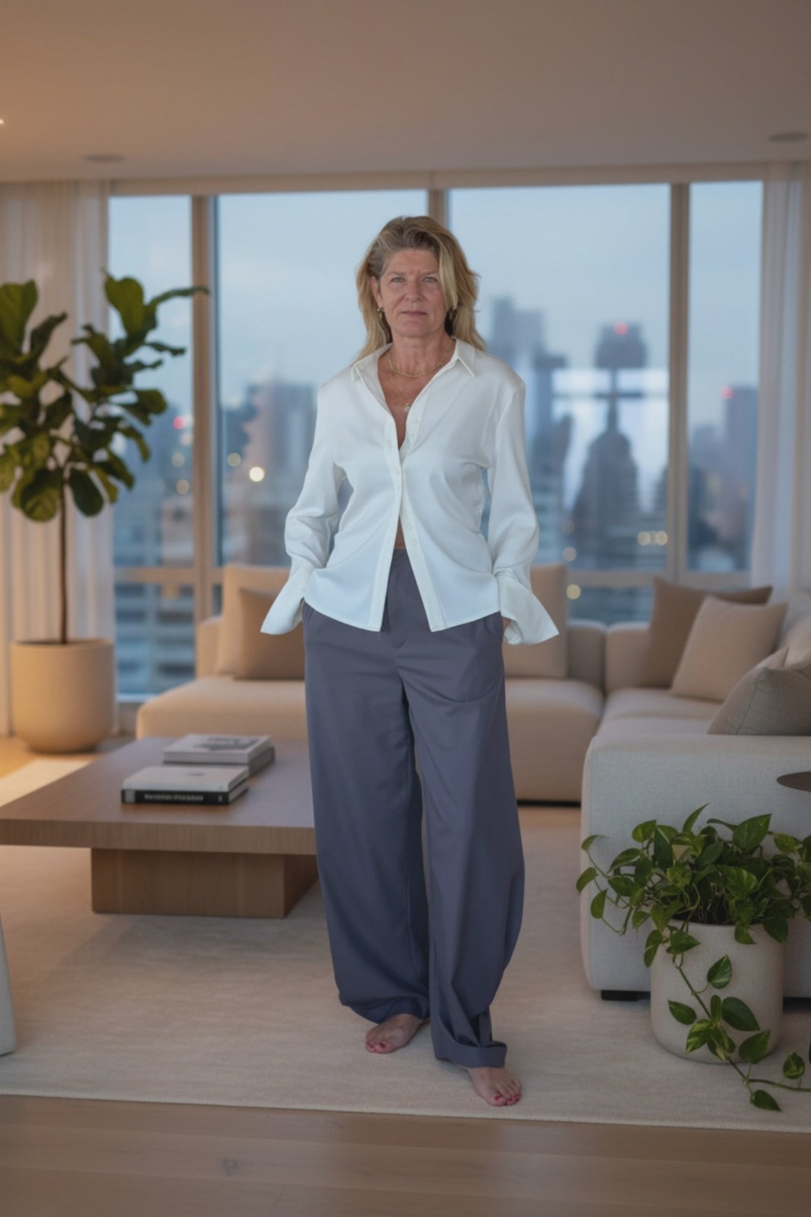video of woman in a penthouse suite with white shirt and grey pants - cheeky goddess