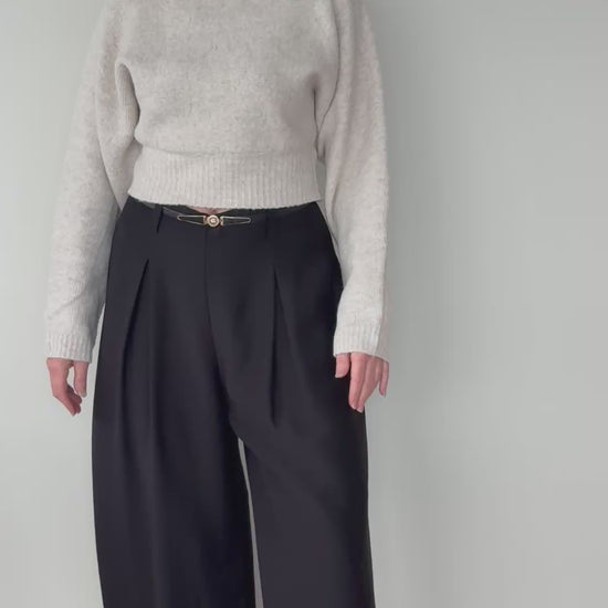 Video of woman showing black flowy wide leg pants with thin belt with oatmeal long sleeved knit top.  Size 14 - women - Cheeky Goddess - Australia
