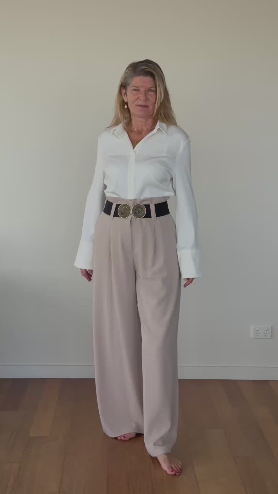 White long sleeve shirt women Australia - doesn't show sweat. Flare cuff, cinched waist. Tucked into brown pants.  Tested in real life. Cheeky Goddess.