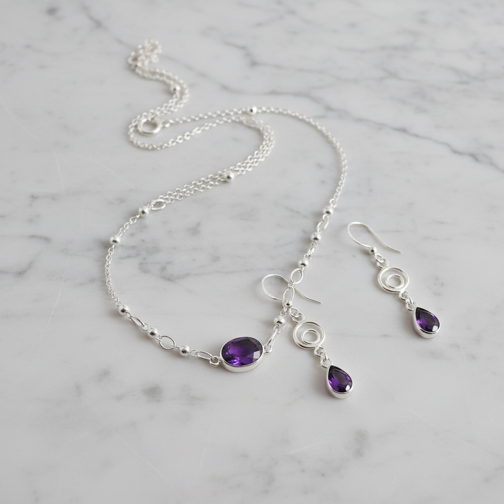 The Amethyst Set - Bundle - seterling silver necklace and amethyst earrings on a stone benchtop - cheeky goddess